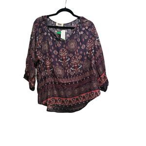 Verse Stitch Fix Boho Floral Blouse Large NWT Burgundy Purple Paisley 3/4 Sleeve